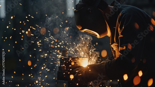 worker engaging in a welding operation at an industrial setting. Outfitted with safety gear including a welding mask, jacket, and gloves, necessary for protection against the intense light and sparks photo