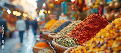 A traditional roadside market with stalls filled with colorful spices. Trade and local cultural wisdom. photo