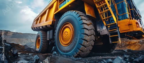 Large yellow tuck of a mine hauler at an open pit. Close up shot low angle. Large tire. mining transportation equipment background.