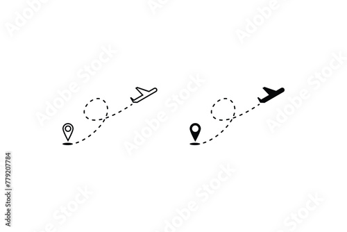 Plane track to point with dashed line way or air lines, airplane icon on white background photo
