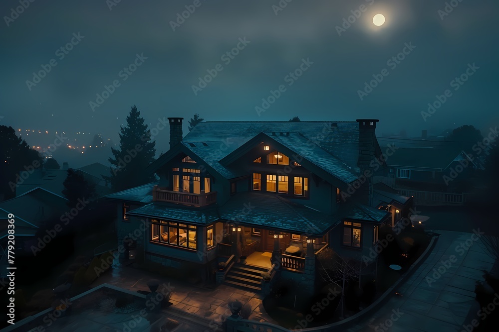 A bird's-eye perspective capturing the elegance of a traditional craftsman house exterior in deep mahogany, illuminated by moonlight.