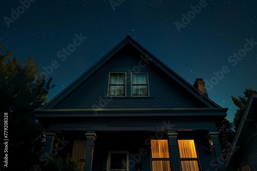 From the sky, a bold craftsman-style house facade bathed in deep navy blue, standing out against the tranquil night sky.