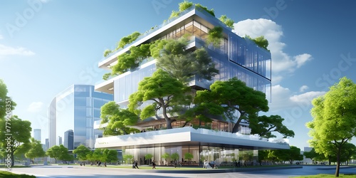 Modern office building with green trees. 3d render. Business concept