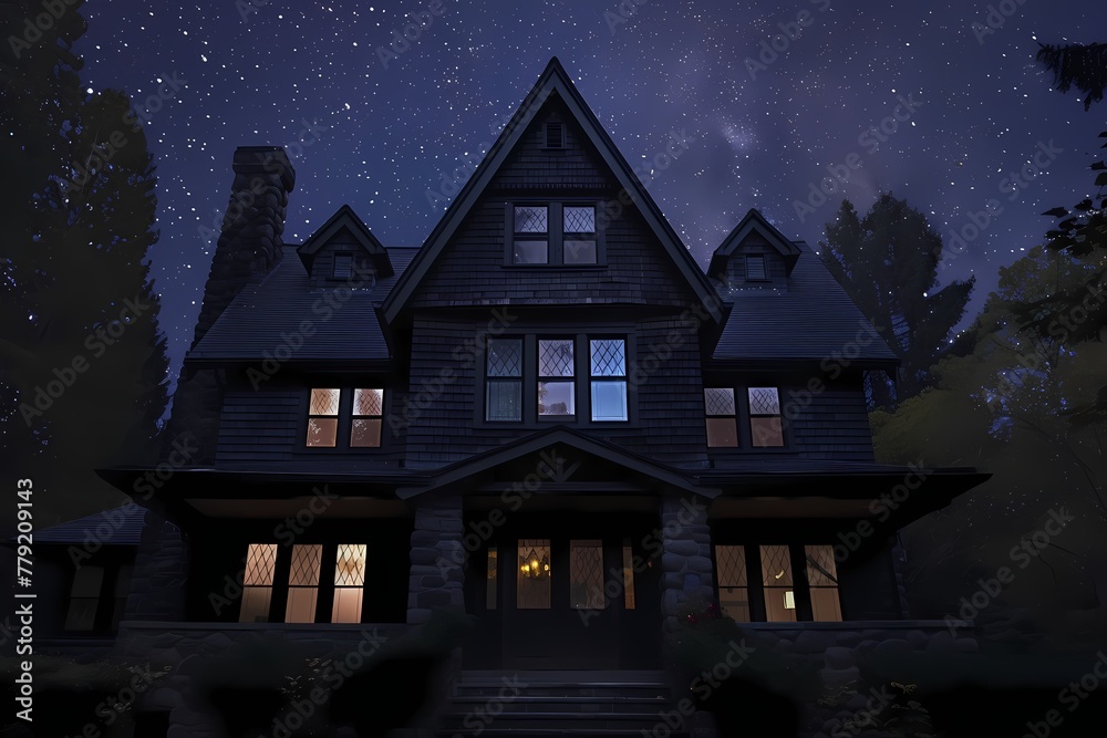 A dramatic craftsman house exterior featuring sleek obsidian black, reflecting the stars in the night sky. A dramatic craftsman house exterior featuring sleek obsidian black, reflecting the stars in the night sky.