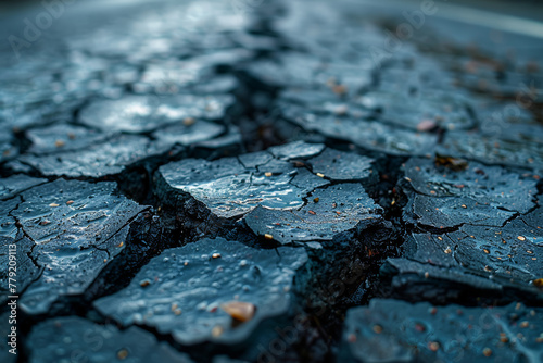A cracked pavement with tire marks leading off the road, suggesting a vehicular accident or reckless driving. Concept of traffic-related incidents. Generative Ai. photo
