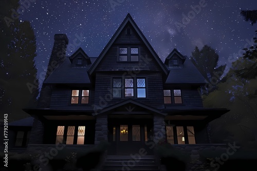 A dramatic craftsman house exterior featuring sleek obsidian black, reflecting the stars in the night sky.