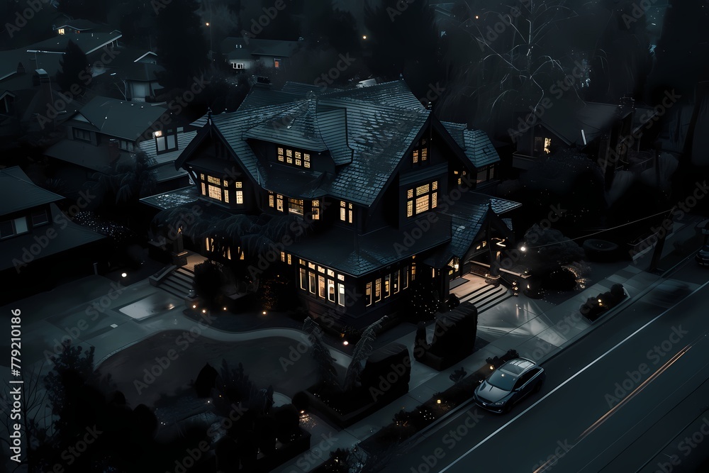 From above, a dramatic craftsman bungalow facade adorned with deep onyx black, exuding a sense of mystery in the darkness of the night.