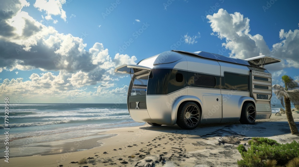 White Bus Parked on Sandy Beach White Bus Parked on Sandy Beach
