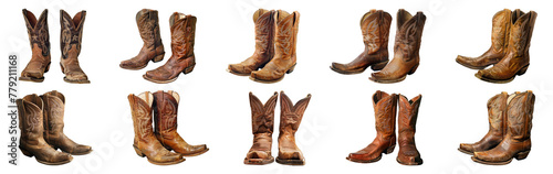 Authentic cowboy boots in classic styles for the fashion-conscious western enthusiast cut out on transparent background