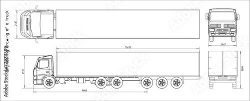 Vector engineering drawing of truck with trailer 
with dimensional lines
and numerical values of vehicle dimensions.
Cad scheme. Mechanical background. Design documentation.