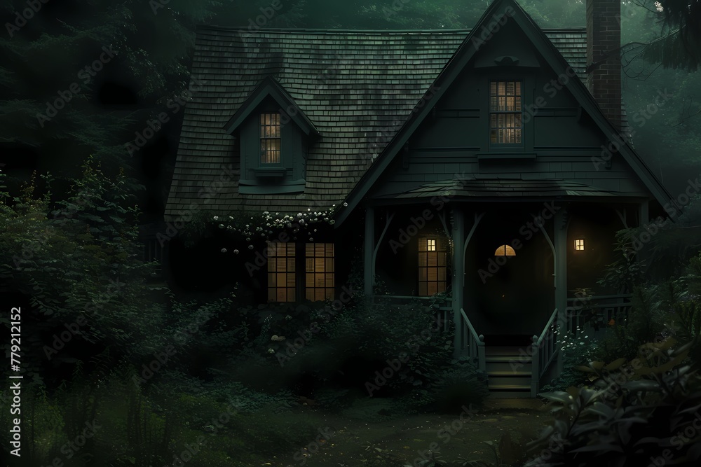 A mysterious craftsman cottage facade painted in dark forest green, blending into the shadows of the night.
