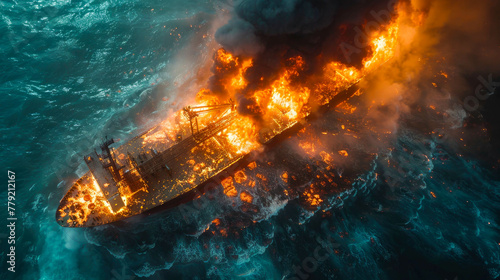 Aerial view of a burning tanker ship in the middle of the sea photo