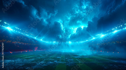 Evening football stadium with green grass and bright lights