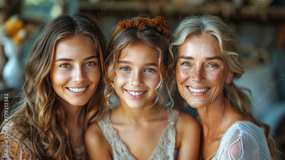 Portrait of three generations of women with different ages, looking at camera Portrait of three generations of women with different ages, looking at camera