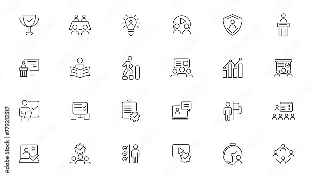 Business training and workshop icon collection. Training, coaching, mentoring, education, meeting, conference, teamwork, problem solving icon set. Business Workshop line icons set. Business training and workshop icon collection. Training, coaching, mentoring, education, meeting, conference, teamwork, problem solving icon set. Business Workshop line icons set.