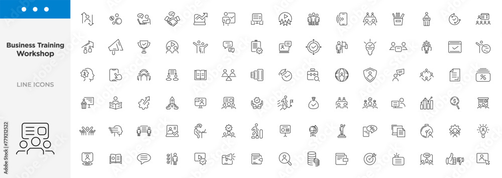 Business training and workshop icon collection. Training, coaching, mentoring, education, meeting, conference, teamwork, problem solving icon set. Business Workshop line icons set. Business training and workshop icon collection. Training, coaching, mentoring, education, meeting, conference, teamwork, problem solving icon set. Business Workshop line icons set.