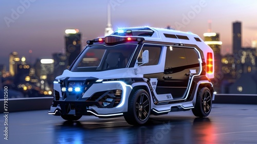 Police Car With Lights On in Front of Cityscape photo