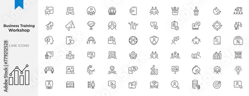 Business training and workshop icon collection. Training, coaching, mentoring, education, meeting, conference, teamwork, problem solving icon set. Business Workshop line icons set.