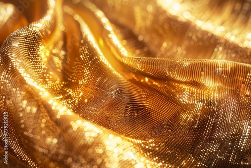 Close up of gold texture fabric cloth textile background. Golden glitter shine. Silk with sparkles photo