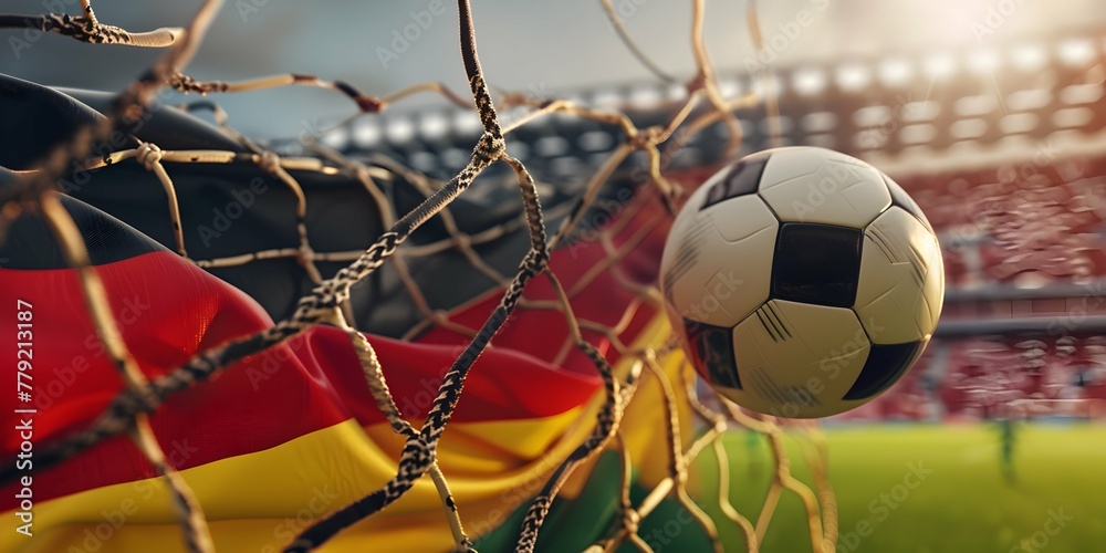 Fototapeta premium Close up of football ball in the net of goal of stadium on the german flag background. Football europe championship in Germany wide banner concept.