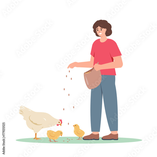 Farm girl character feeding domestic poultry birds. Female Farmer with hens and chicks. Agricultural scene isolated on white background. Vector illustration.