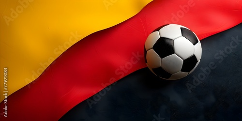 Football ball on black red yellow  german flag colors background. Concept of 2024 UEFA European Football Championship in Germany wide banner with copy space.