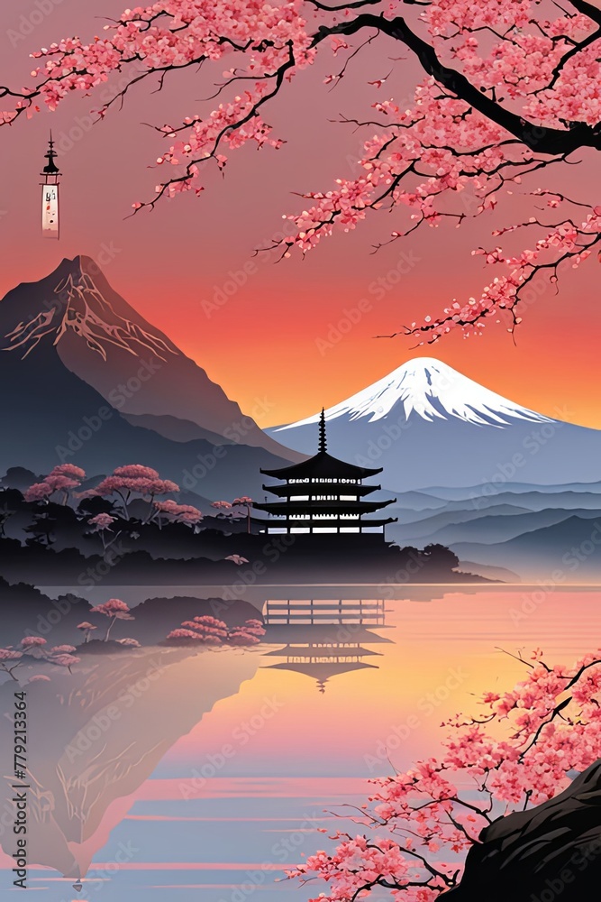 Traditional Japanese pagoda surrounded by blooming cherry trees in full ...
