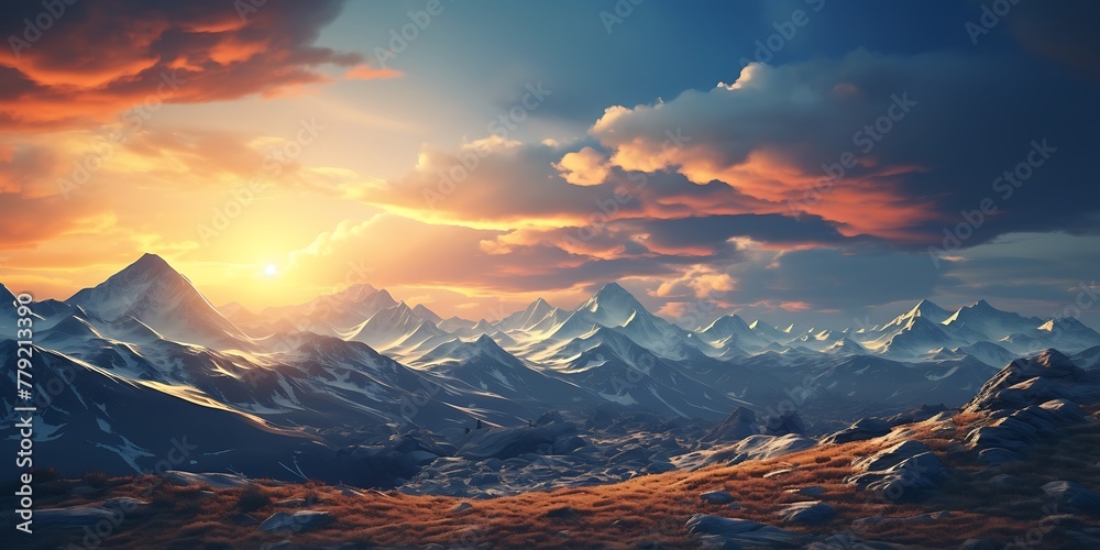 Mountain landscape at sunset. Panoramic view of the mountains.
