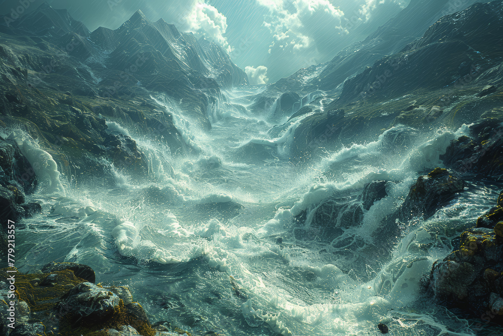 Fototapeta premium A turbulent river carving its way through rugged canyon walls, shaping the landscape over time. Concept of geological turbulence. Generative Ai.