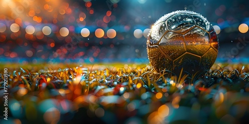 Close up of gold football ball on the grass of stadium field background with confetti. Goal Winning celebration. Football europe championship in Germany wide banner concept with copy space.