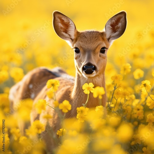Fawn in a field of yellow flowers © BetterPhoto