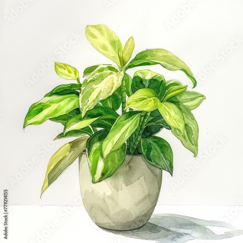 A watercolor painting of a lush potted plant with vibrant green leaves against a light background photo