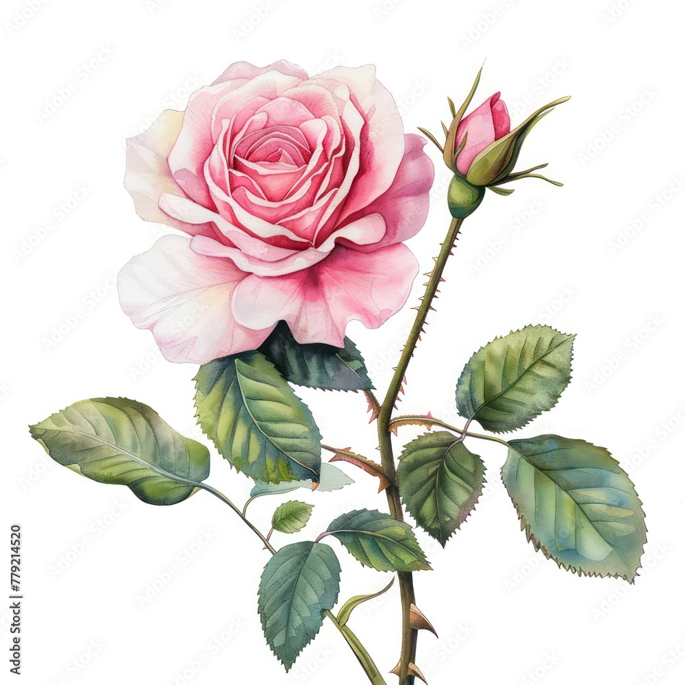 Fototapeta premium This detailed illustration captures a vibrant pink rose with two buds, employing a realistic watercolor style