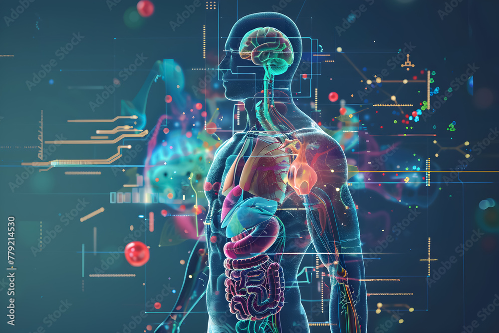 © suriya - A person with transparent anatomy, showcasing multiple organ systems and promoting a holistic approach to health and wellness