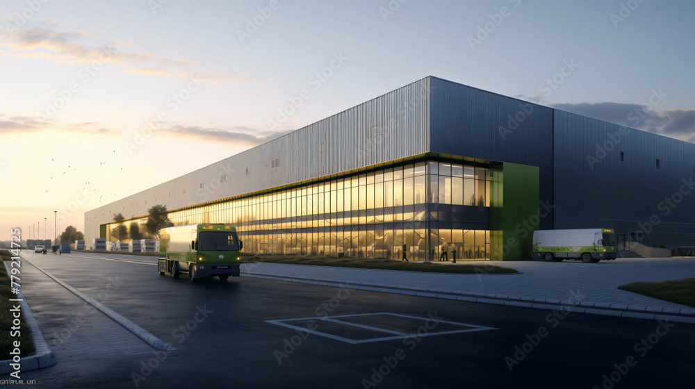 A photo of a modern logistics hall with numerous large gates for goods delivery. View from the side. In front of the hall, there is pavement and extensive green areas A photo of a modern logistics hall with numerous large gates for goods delivery. View from the side. In front of the hall, there is pavement and extensive green areas