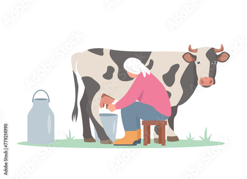Milkmaid woman with cow and milk. Livestock farming concept, Domestic cattle animals. Female Farmer character milking cow isolated on white background. Vector illustration.
