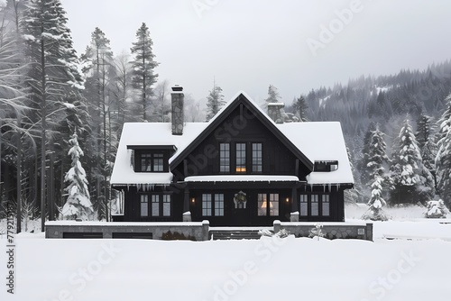 A bold craftsman house exterior bathed in rich ebony black, standing out against the snowy landscape. © hassan