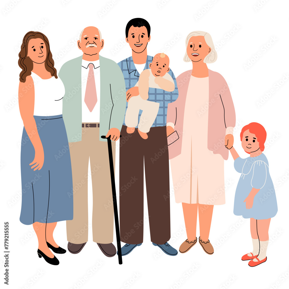 A happy portrait of a large family spanning several generations. Mother, father, four children, grandparents. vector illustration. Illustration of parenthood, childhood. Unity, parenting concept A happy portrait of a large family spanning several generations. Mother, father, four children, grandparents. vector illustration. Illustration of parenthood, childhood. Unity, parenting concept