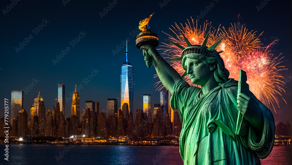 Statue of Liberty, night, fireworks