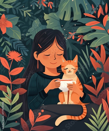 Mother's Tranquil Moment: Woman Sitting with Ginger Cat, Enjoying Tea Amidst Foliage