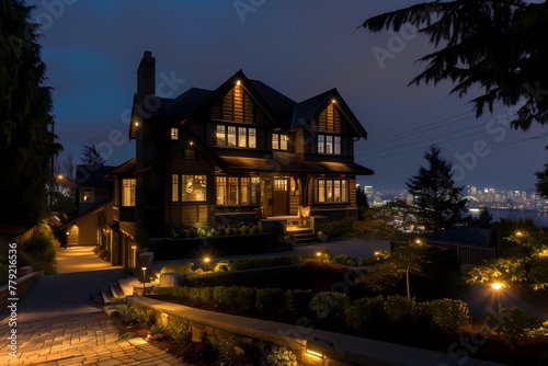 A majestic craftsman-style house facade enveloped in dark chocolate brown, illuminated by the city lights.