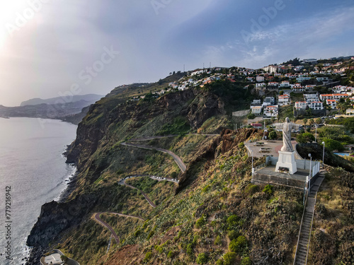 Madeira Island Christ statue with Funchal in the background