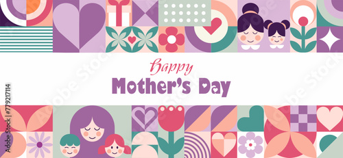Mother's day abstract geometric mosaic  background  with mom and kids, flowers, hearts, simple forms and text.  Modern vector horizontal llustration for banner, social media. Swiss style. Neo geo art.