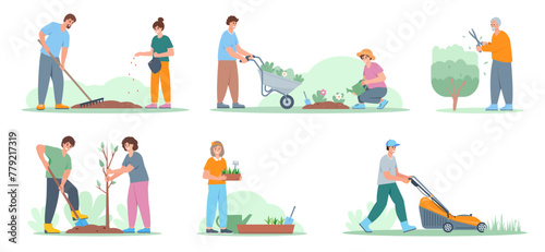 Set of gardening scenes. People plant flowers and trees, mowing grass, trimming bushes. Improve environment, Gardening concept. Flat vector illustration on white background.