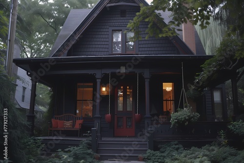 A craftsman house with a dark exterior  adorned with decorative wooden elements and a charming porch swing.
