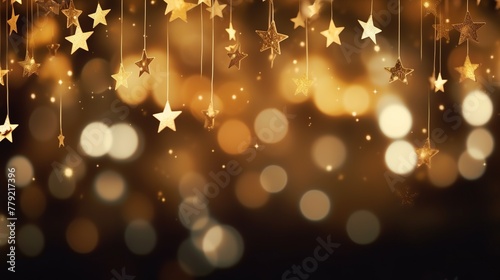 Gold stars at night with blurred lighting background.
