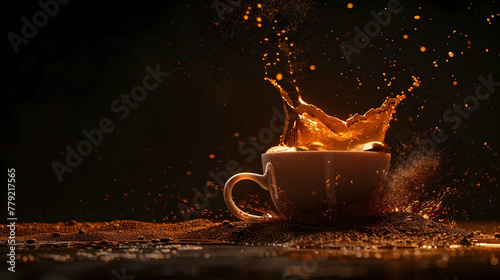 An image showcasing the explosive energy of coffee, with a porcelain cup amidst a dynamic splash and coffee beans, paired with the smoke's ethereal quality.  © Butsarakham