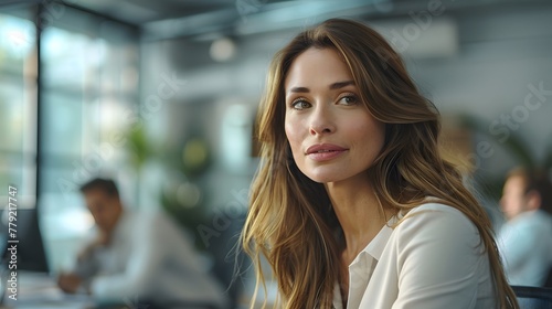 Poised woman ready for business in a sleek office. Generative AI