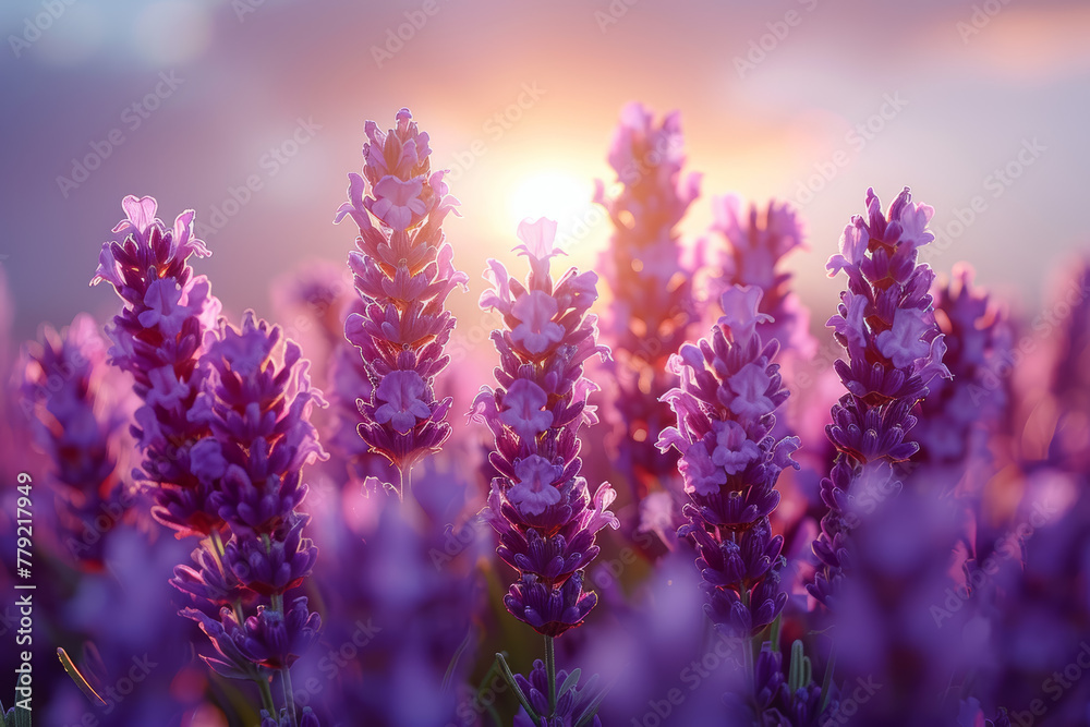 A cluster of fragrant lavender blooms in a sun-kissed meadow, their soothing scent perfuming the air with tranquility. Concept of aromatic serenity and herbal healing. Generative Ai. A cluster of fragrant lavender blooms in a sun-kissed meadow, their soothing scent perfuming the air with tranquility. Concept of aromatic serenity and herbal healing. Generative Ai.