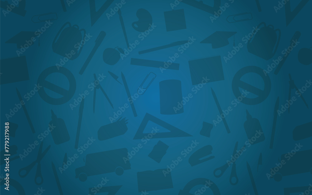 School Itens Background - Various Silhouettes of School Supplies on Blue Background. Pencil, Eraser, Sharpener, Rulers, Backpack, Scissor, Pens, Calculator, Bus and others.